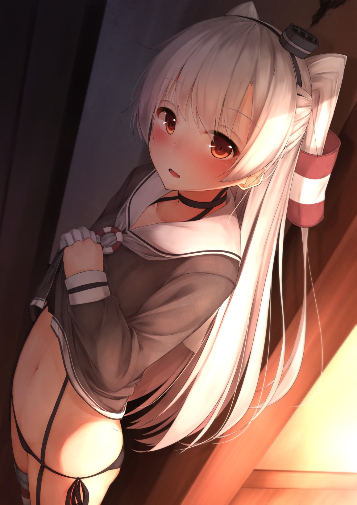 dlouhé vlasy, anime, anime dívky, loli, punčochy, kreslená pohádka, Kantai Collection, černé vlasy, pusa, Amatsukaze Kancolle, oblečení, mangaka