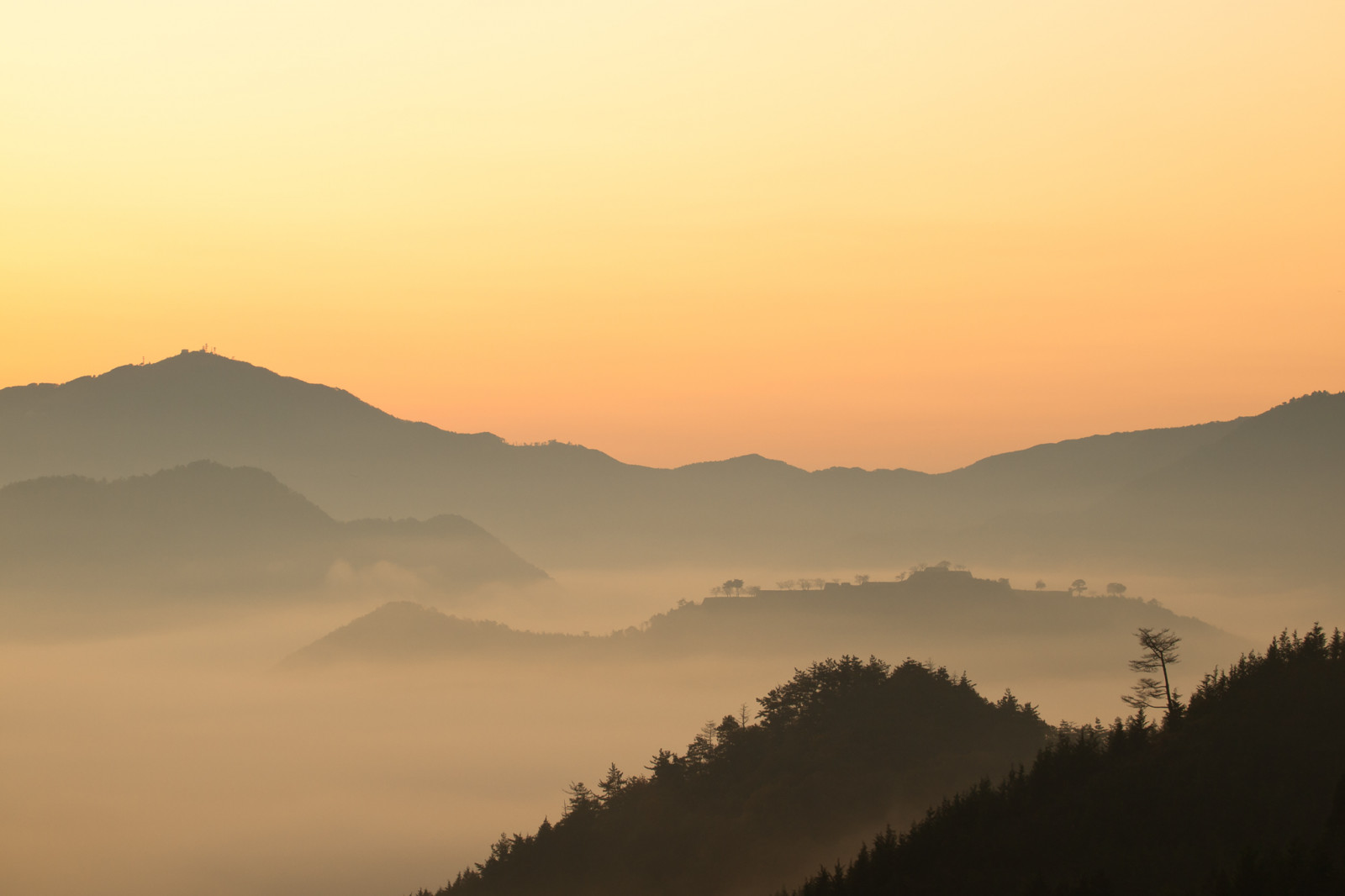 Japonsko, slunečnímu záření, krajina, západ slunce, kopec, zřícenina, nebe, svítání, uklidnit, večer, ráno, hrad, mlha, horizont, atmosféra, soumrak, mount scenérie, opar, Olympus, Takeda, hřbet, světlo, mrak, strom, mlha, hora, svítání, Hyogo, zd, počítač tapeta, odlesk, červená obloha v dopoledních hodinách, pohoří, stanice hill, ekoregion, seaofclouds, EP1, 50200 mm