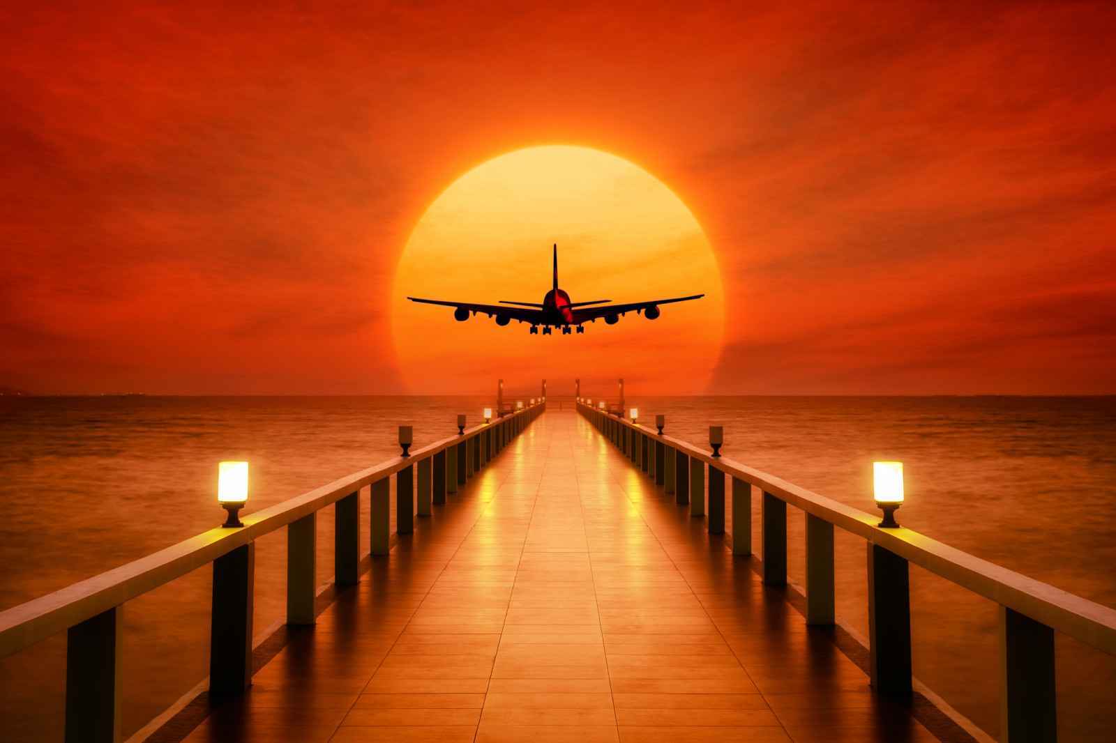 飛行機, Photoshop, 日没, 埠頭
