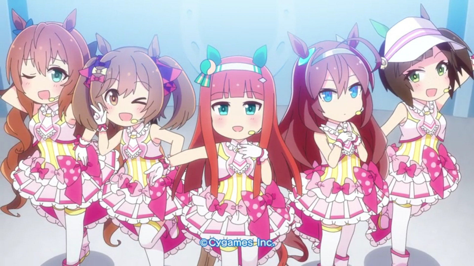 anime, anime dívky, Anime screenshot, UmaYon, Uma Musume Pretty Derby, horse girls, zvířecí uši, Silence Suzuka Uma Musume, Smart Falcon Uma Musume, Mihono Bourbon Uma Musume, Ines Fujin Uma Musume, Maruzensky, dlouhé vlasy, ryšavý, twintails, bruneta, koňský ohon, umělecká díla, digitální umění