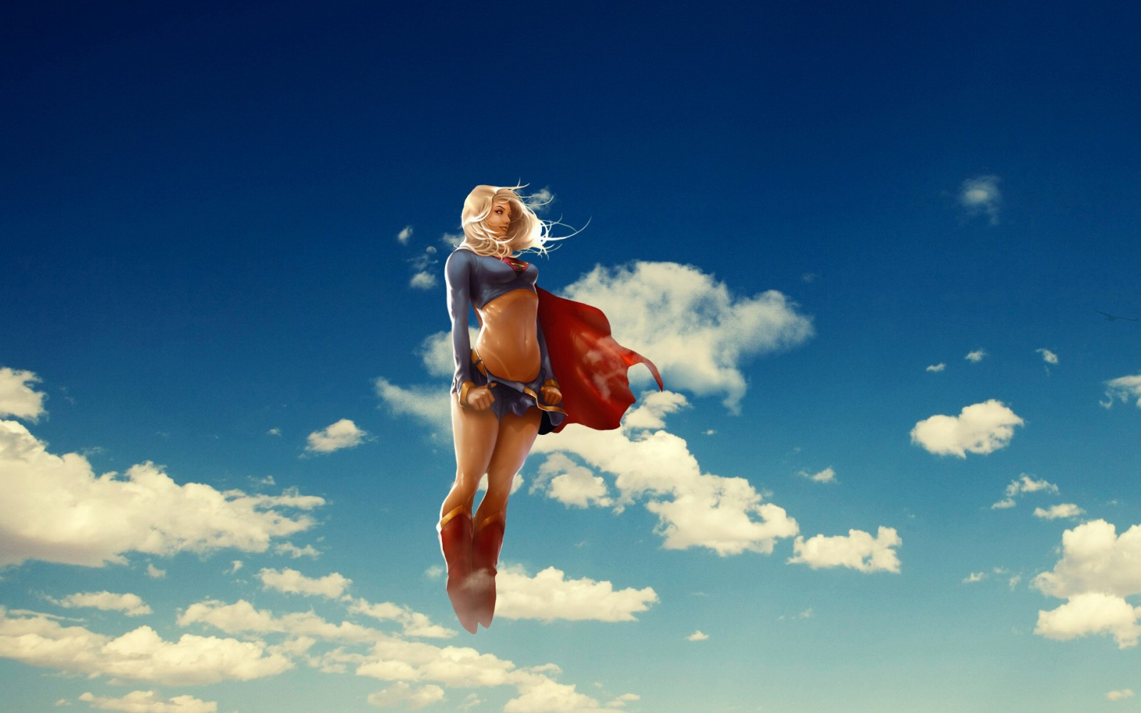 gli sport, arte digitale, bionda, anime, cielo, salto, opera d'arte, nuvole, blu, volante, supereroe, mantellina, DC Comics, EROINE, Super ragazza, Superdonna, nube, mano, atmosfera della terra, l'azione umana, sport estremo, esercizio fisico