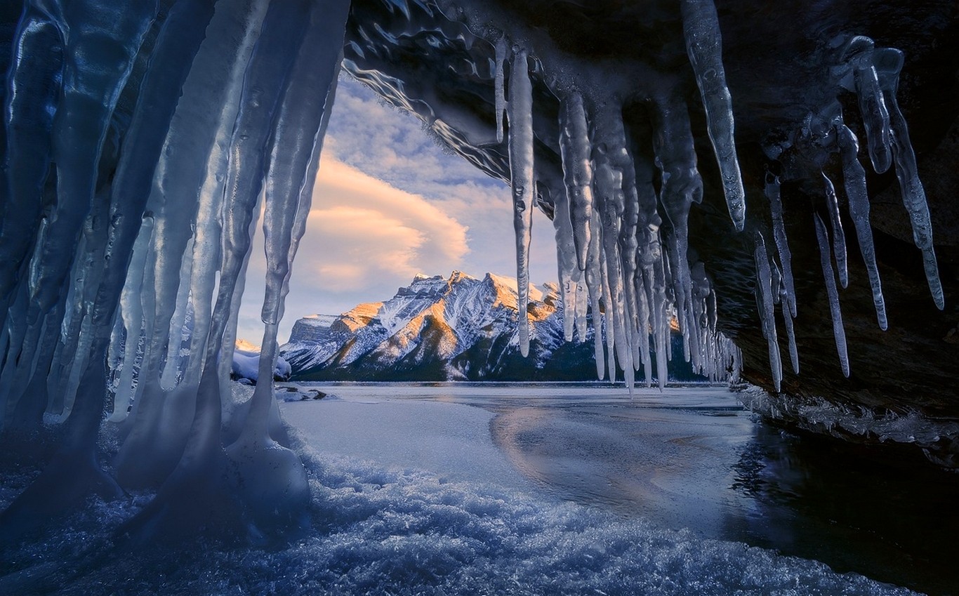 landskap, bergen, Vattenfall, sjö, natur, reflexion, himmel, snö, vinter-, is, snöiga topp, kanada, grotta, Banff National Park, istapp, Frysning, Bildning, säsong, vatten-funktionen, is grotta