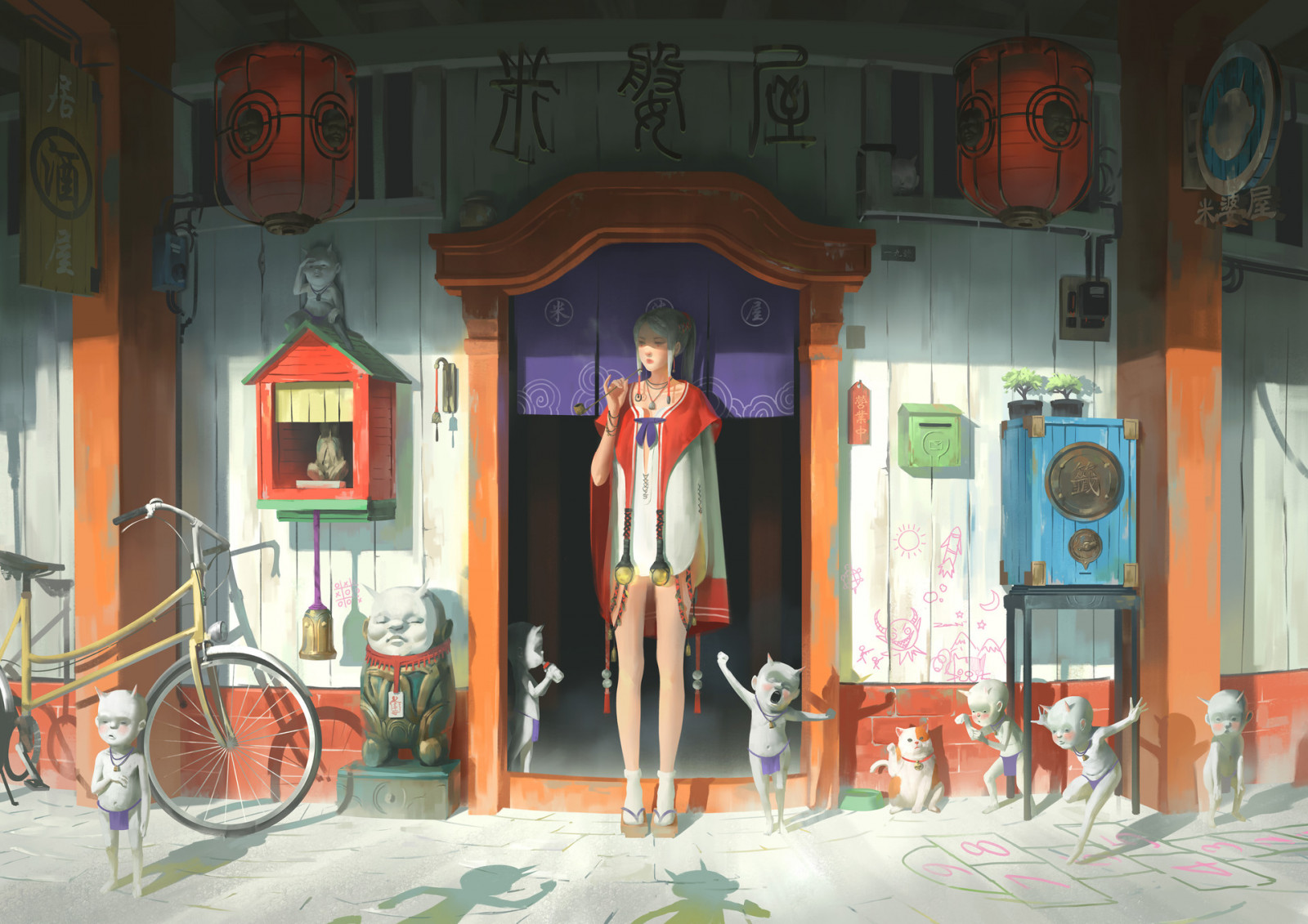 ženy, šotek, šaty, bruneta, dveře, jízdní kolo, Zeen Chin