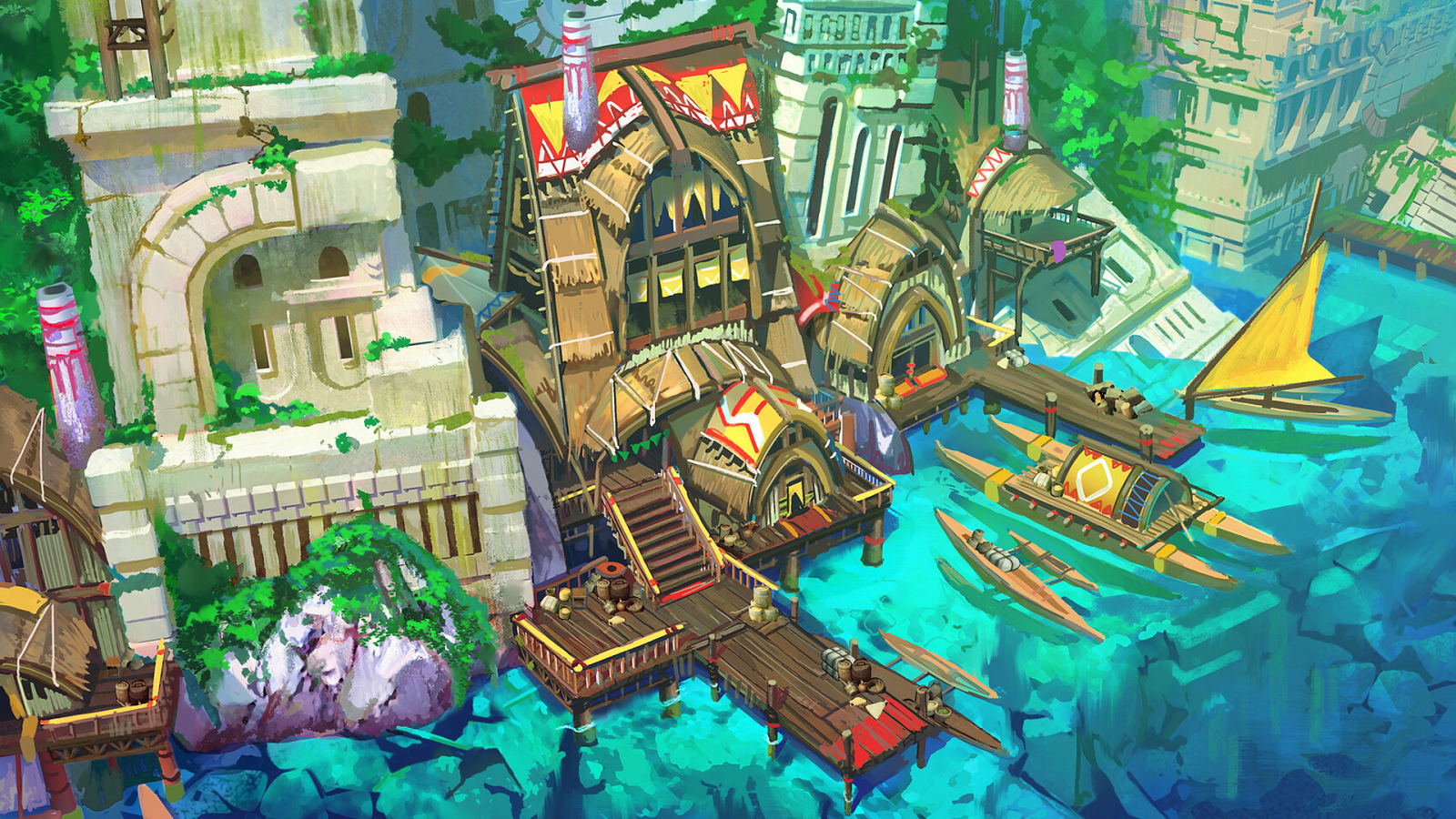 Tyler Edlin, digitální umění, umělecká díla, loď, moře, vesnice, zřícenina, voda, mořský břeh, fantasy město