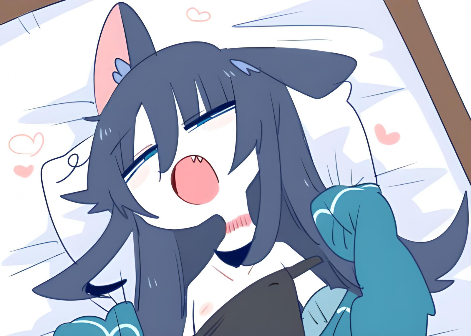 anime dívky, postel, zívání, ložnice, ospalý, polštář, ležící na zádech, zvířecí uši, srdce