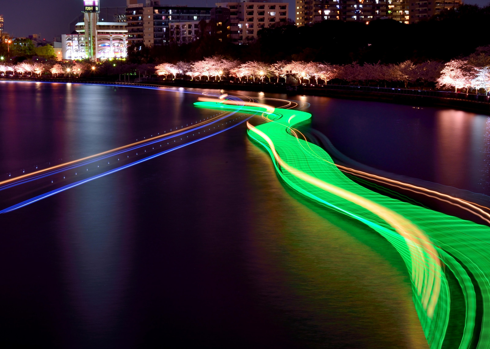 Wallpaper reflection, green, night, light, lighting, water resources