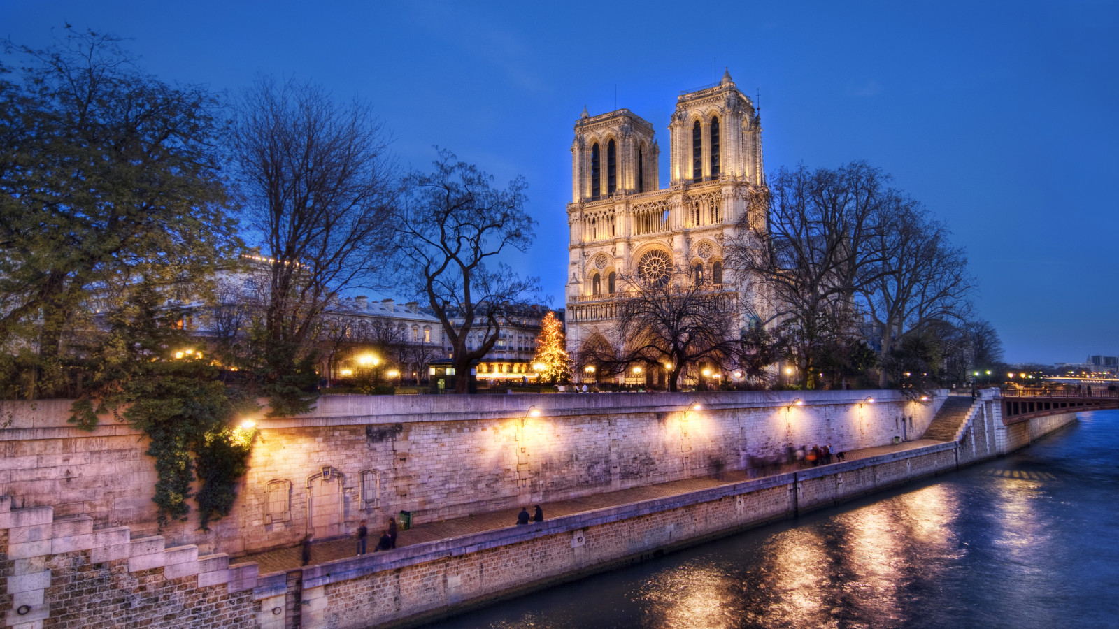 Trey Ratcliff, fotografering, 4k, Frankrig, bygning, vand, træer, lys, byens lys, himmel, Notre Dame, Paris