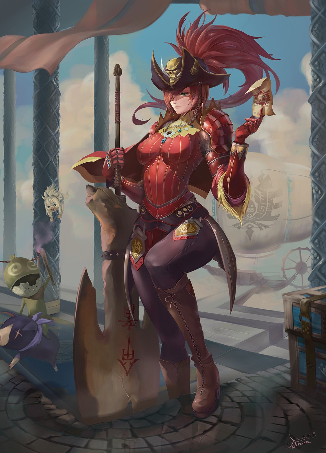 ilustrace, dlouhé vlasy, anime, anime dívky, čepice, zelené oči, zbraň, brnění, komiks, mytologie, Snímek obrazovky, komiks