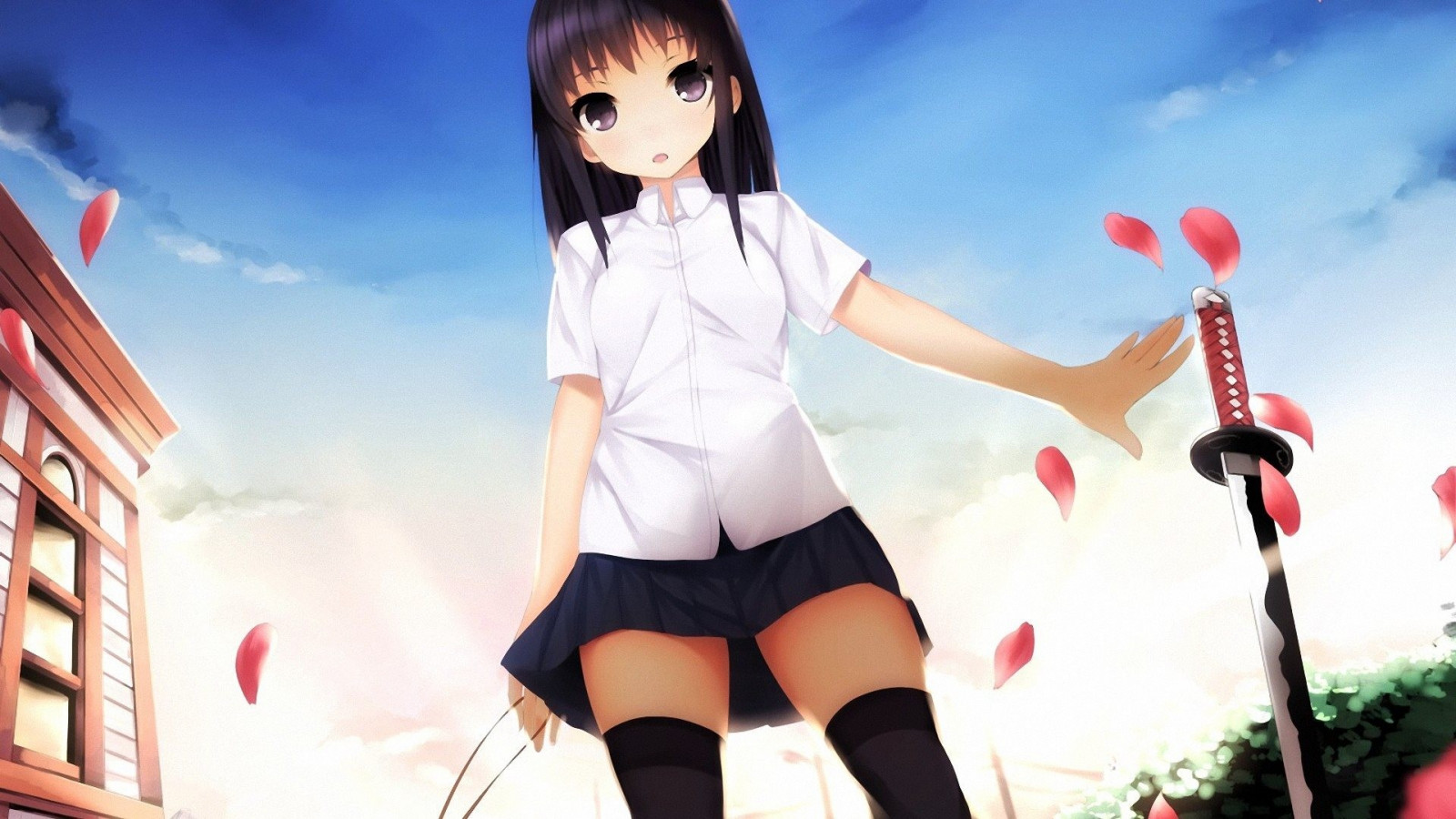 ženy, cosplay, anime, černé vlasy, katana, školačka, Školní uniforma, Japonský meč, oblečení, kostým