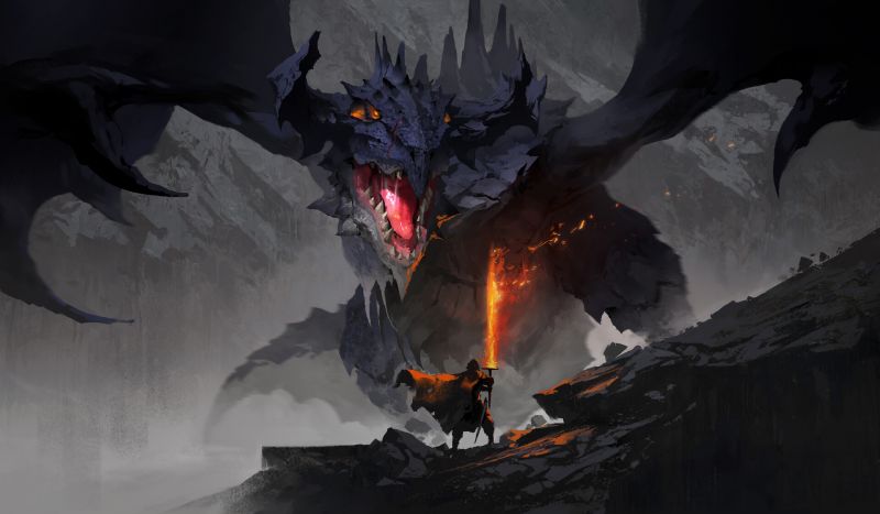 Yu Yiming, digitální umění, drak, fantasy umění, meč, oheň Yu Yiming, digitální umění, drak, fantasy umění, meč, oheň