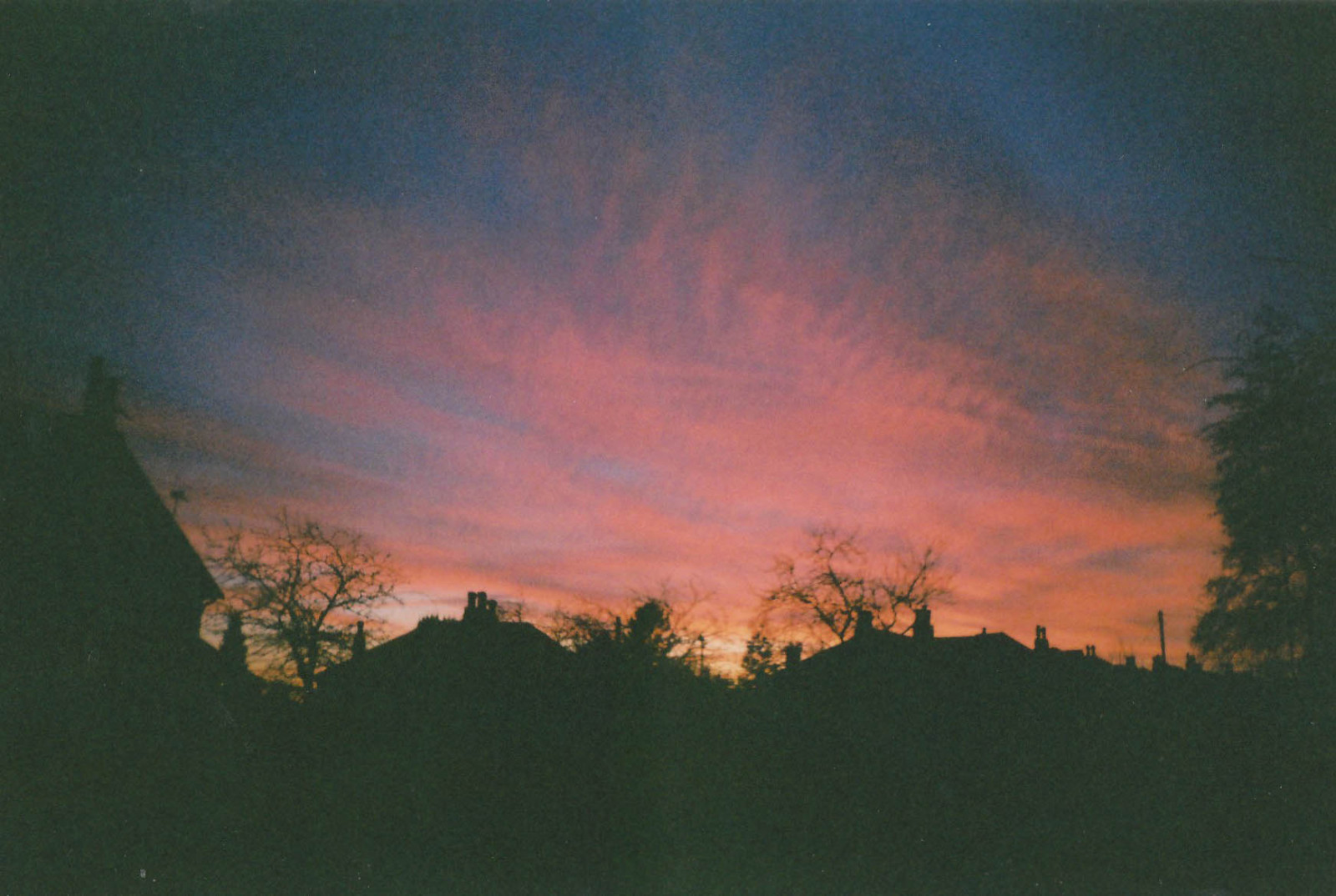 Wallpaper pink, blue, houses, winter, sunset, sky, film, clouds, 35MM