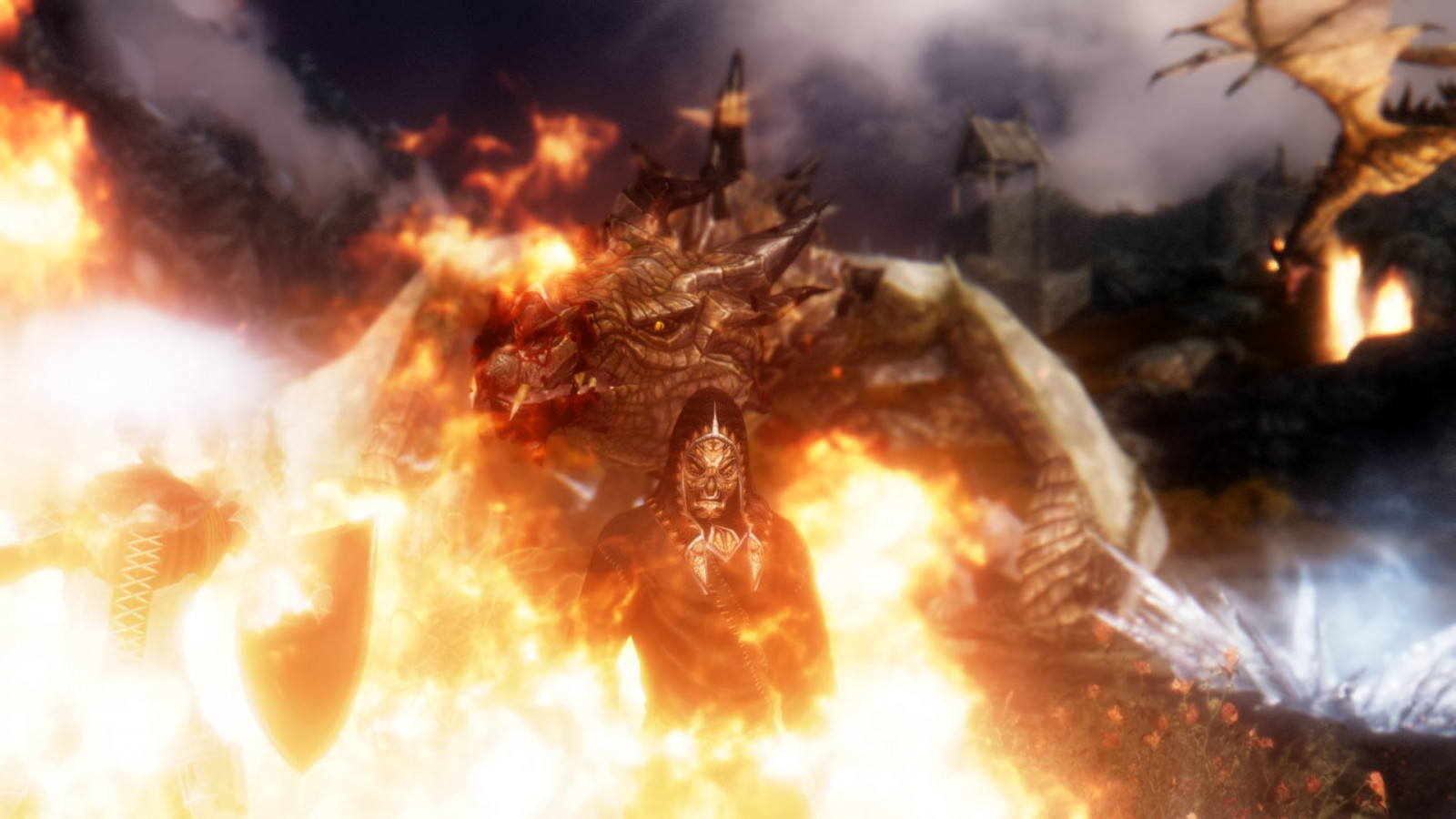 videohry, oheň, exploze, The Elder Scrolls V Skyrim, katastrofa, plamen, Snímek obrazovky, 1920x1080 px, geologický fenomén, táborák