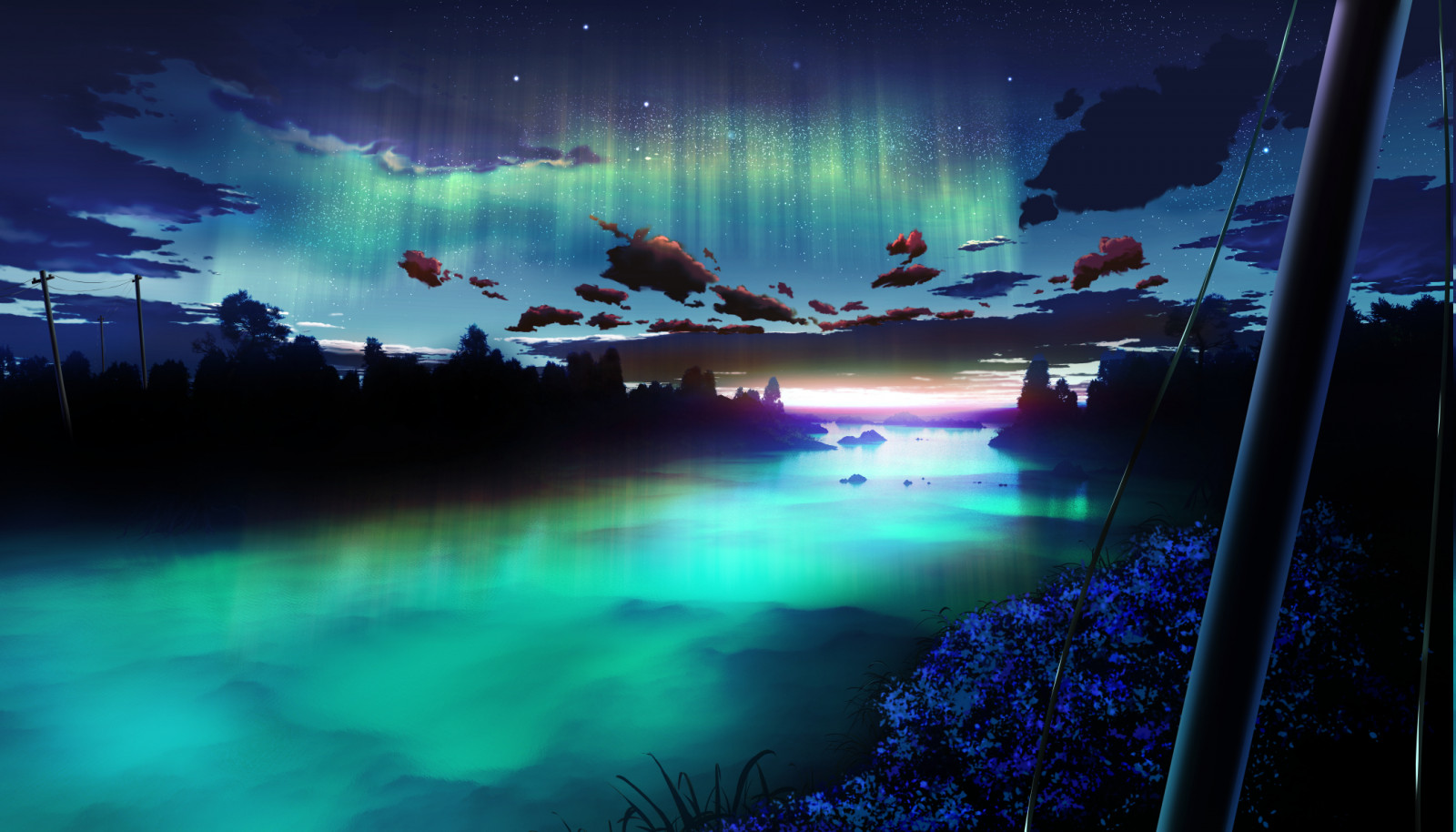 noc, odraz, neba, polárna žiara, atmosféra, zornička, svetlo, štádium, tma, screenshot, počítač tapeta, atmosféra Zeme, 2100x1200 px