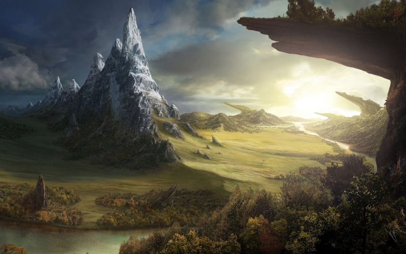 krajina, jezero, slunečnímu záření, výkres, fantasy umění, kopec krajina, jezero, slunečnímu záření, výkres, fantasy umění, kopec
