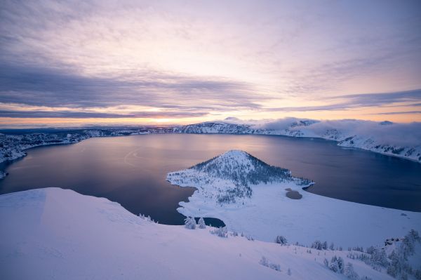 landscape,nature,crater lake,crater,snow,USA