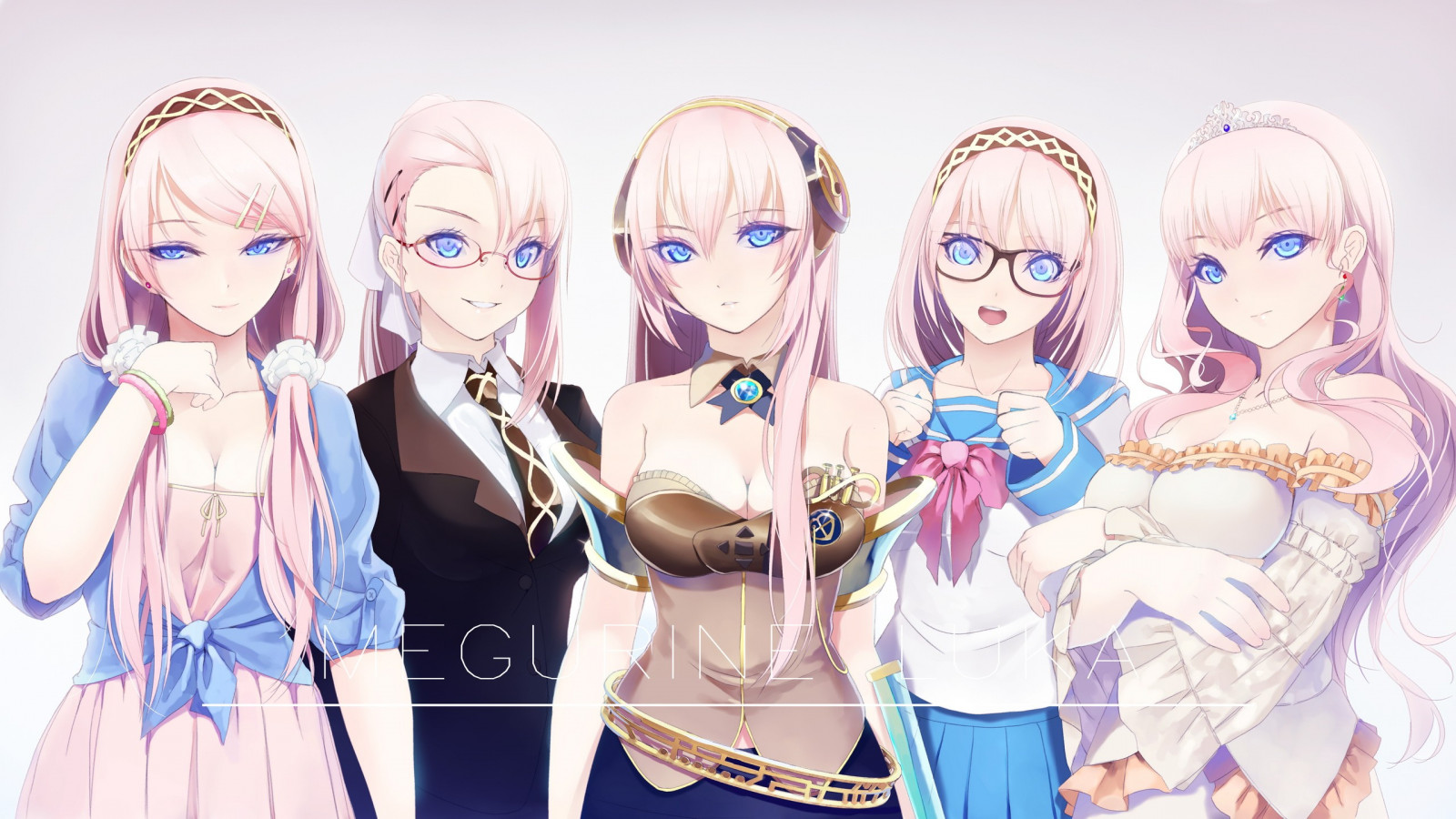 ilustrace, ženy, anime, anime dívky, modré oči, brýle, školní uniforma, Vocaloid, princezna, Růžové vlasy, sluchátka, obleky, čelenka, Hračka, Megurine Luka, oblečení, okingjo, čelenky, mangaka