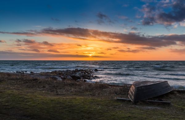 sunlight, landscape, boat, sunset, sea, bay