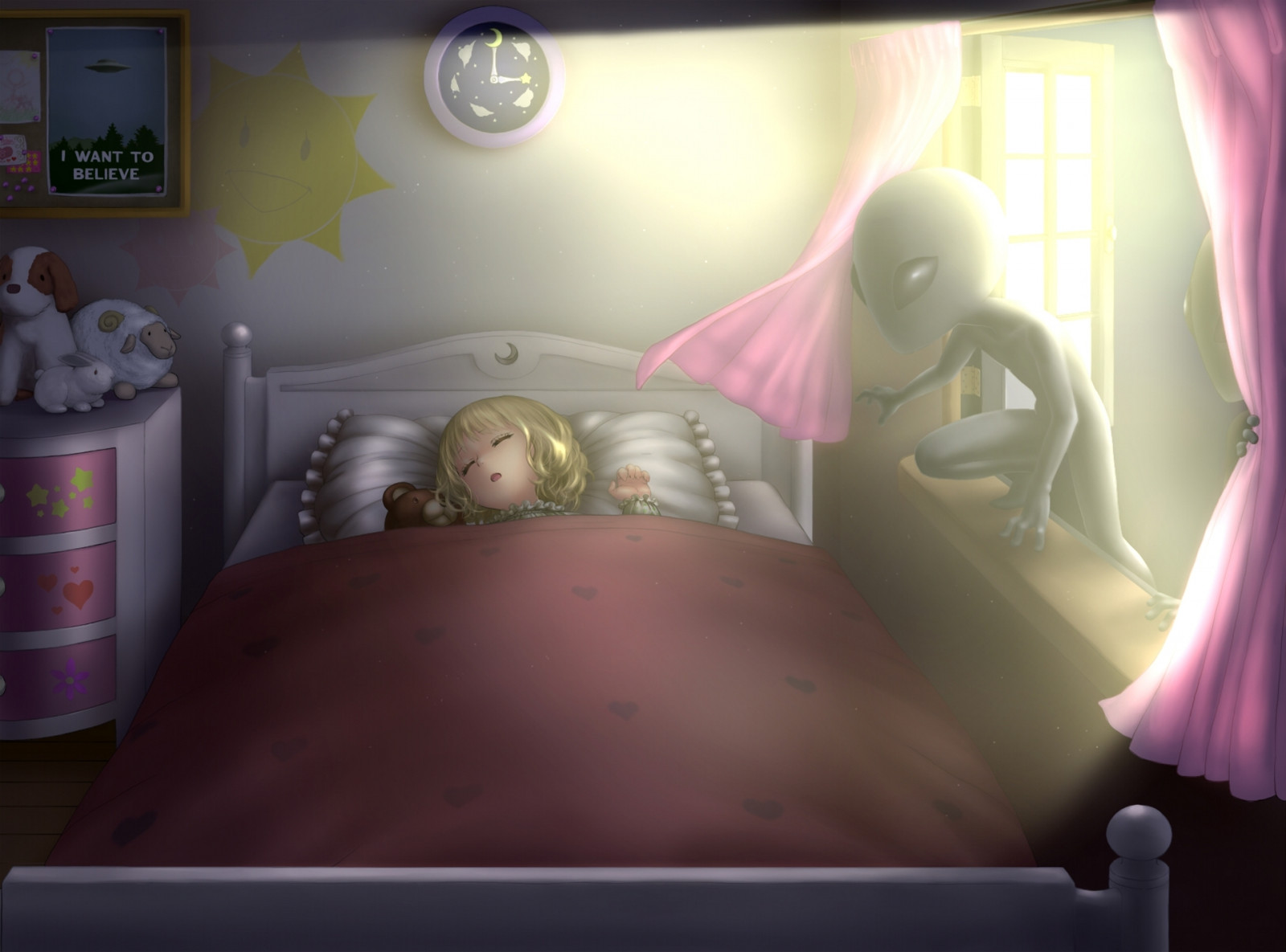 illustration, Enfants, en train de dormir, extraterrestres, horreur