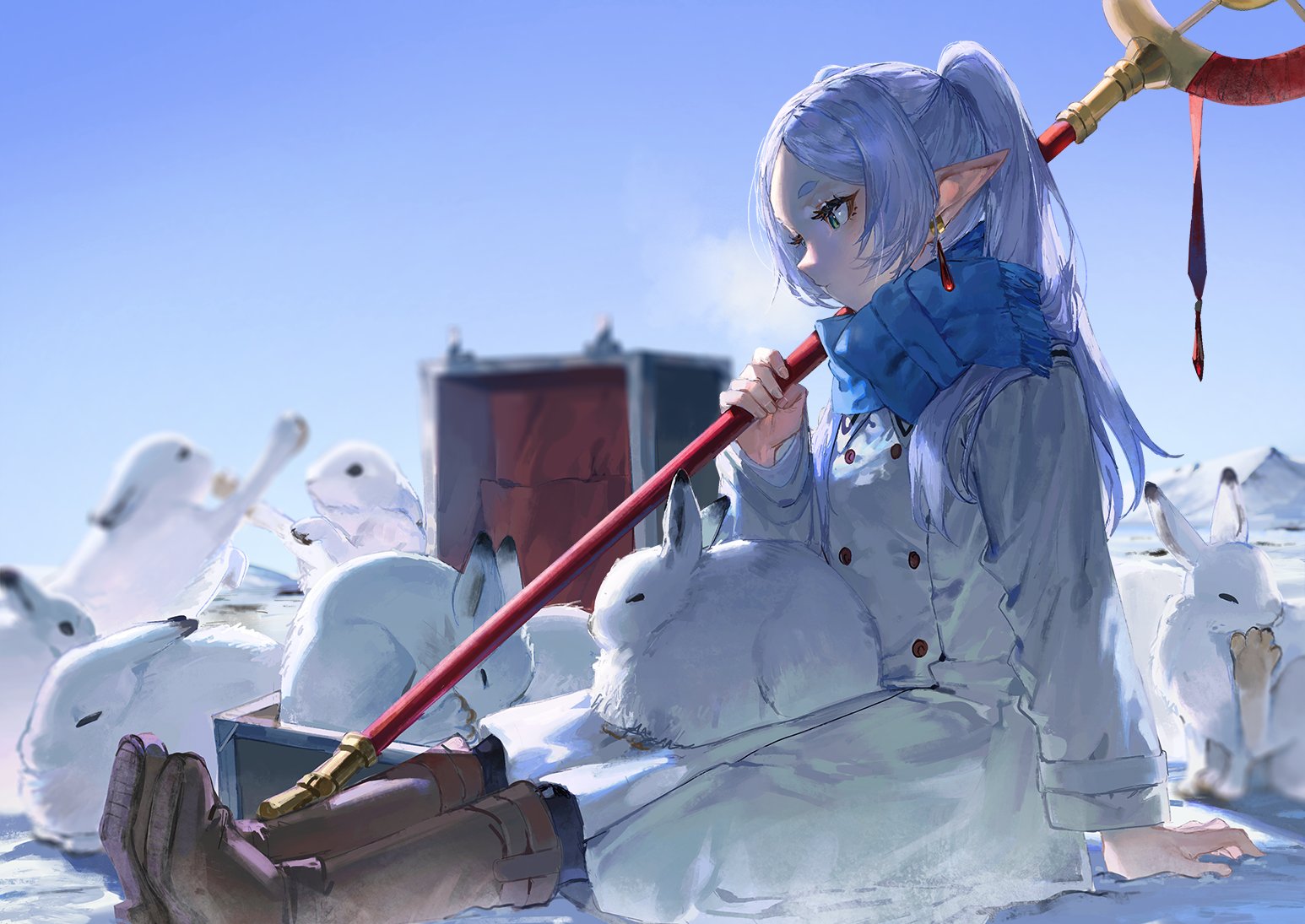 Sousou No Frieren, rabbits, anime girls, white coat, frieren, simple background, clear sky, long sleeves, profile, brown boots, pointy ears, grey heels, scarf, staff, elves, quasarcake, twintails, animals, side view, snow, women outdoors, expressionless, green eyes