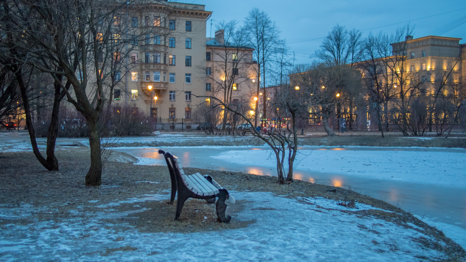 krajina, město, noc, jezero, voda, Příroda, odraz, nebe, park, sníh, zima, led, večer, ráno, mráz, lavice, řeka, banka, zmrazení, strom, rostlina, světla města, počítač tapeta, vodní prvek, Petrohrad, olympuspenepl7, panasoniclumixg20mmf17, frozenpond, Stachekavenue, Od počátku