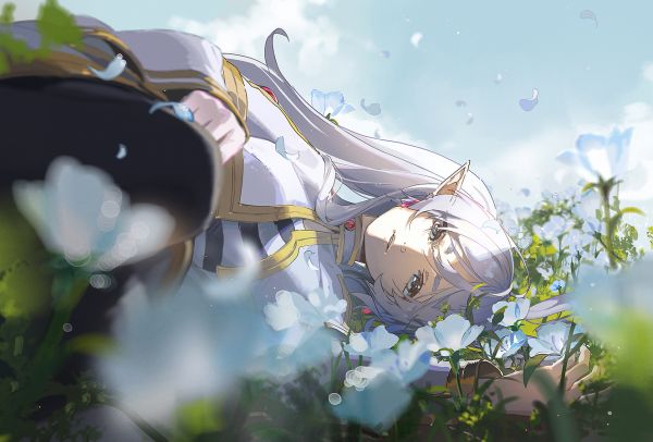 Sousou No Frieren,frieren,anime girls,pointy ears,looking at viewer,flowers