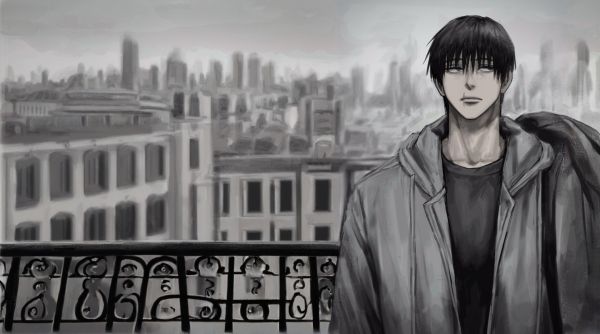 city,Jujutsu Kaisen,monochrome,overcast,balcony,Fushiguro Toji