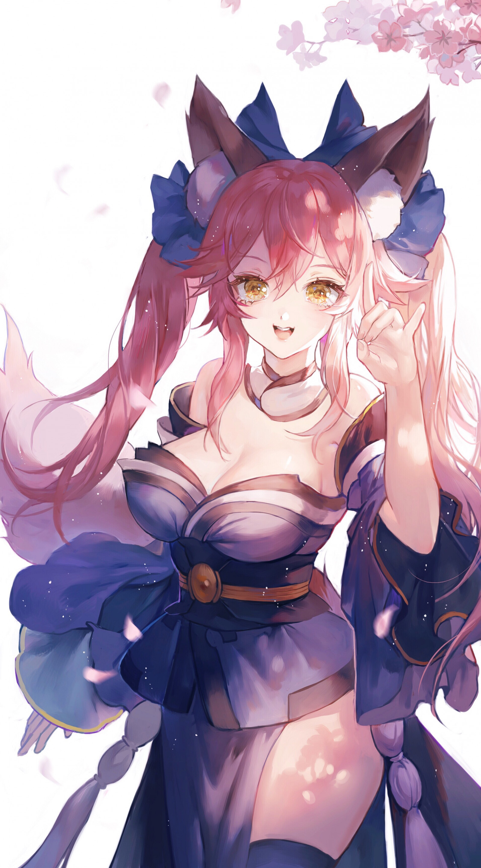 Tamamo no Mae fate grand order, Fate Grand Order, Fate Series, fox girl, foxy ears, animal ears, tail, women, pink hair, pigtails, long hair, looking at viewer, yellow eyes, bare shoulders, cleavage, kimono, cherry blossom, fantasy girl, anime girls, fan art, artwork, painting, digital painting, illustration, 2D, digital art, happy, matcha