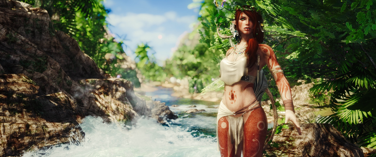 les, voda, džungle, ENB, strom, dívka, vodní tok, Snímek obrazovky, videohry, Skyrim, počítač tapeta, screenshoty, vodní prvek, modding, pcgaming, hledík, tetrodoxin, staré svitky, mods, snapdragonenb, elderscrollsv, cg artwork
