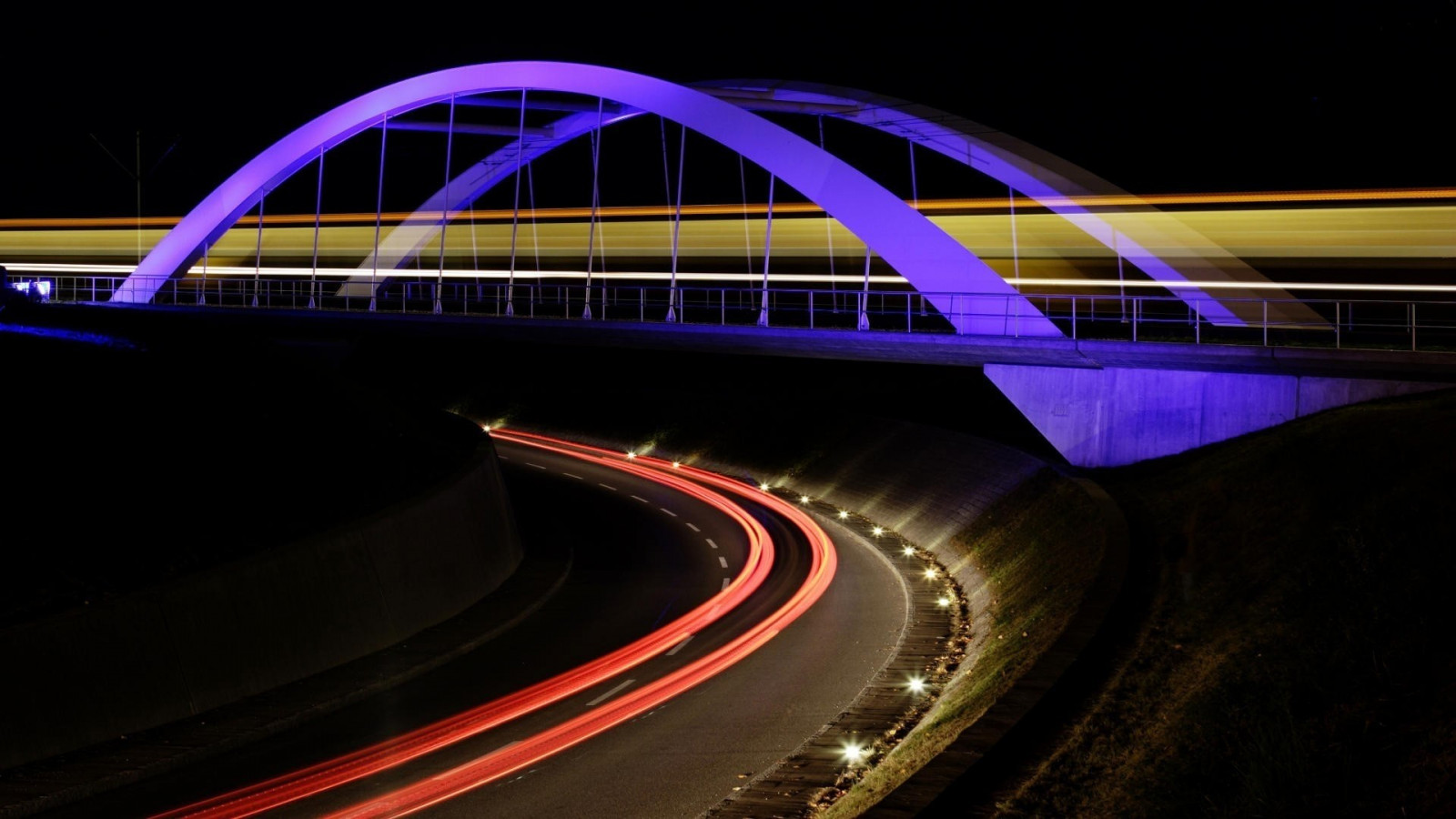 Luzes, Sombrio, noite, arquitetura, estrada, Exposição longa, ponte, tráfego, Trilhas leves, rodovia, ultrapassar, a infraestrutura, luz, linha, Trevas, faixa