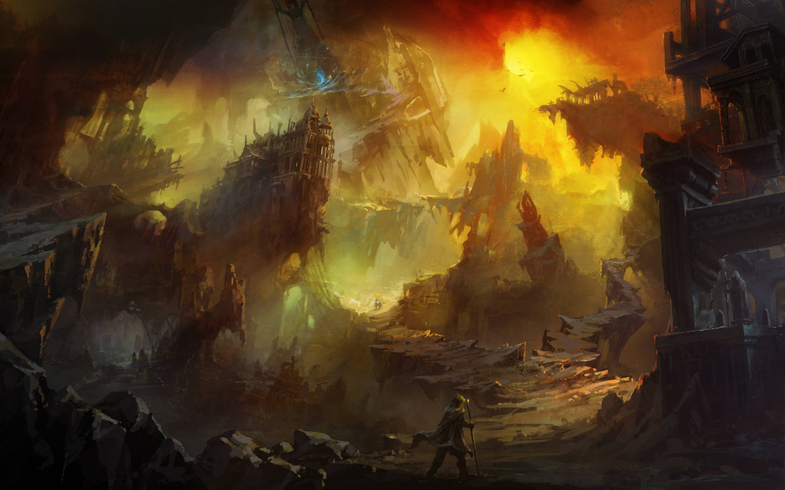 digital kunst, fantasy art, kunstverk, science fiction, eksplosjon, Li Shuxing, skjermbilde, geologisk fenomen