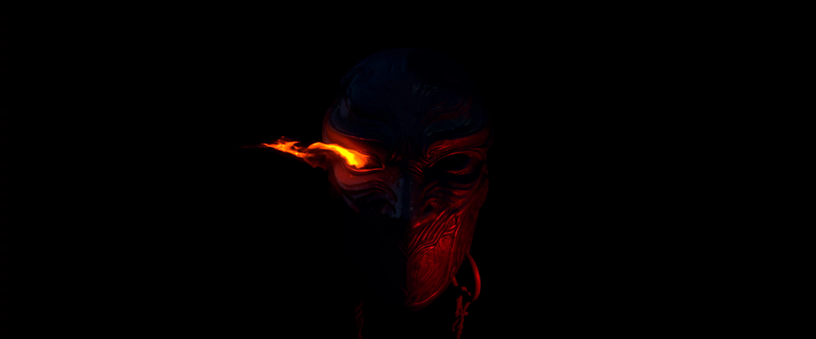 Hua Jianghu, Bu liang ren, simple background, mask, black background, fire, minimalism, looking at viewer, CGI