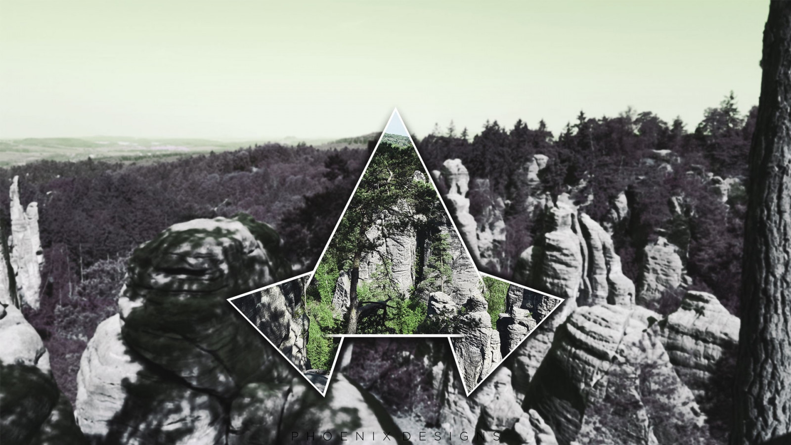 stromy, krajina, les, hory, Skála, nebe, trojúhelník, sluneční paprsky, 2D, Snímek obrazovky