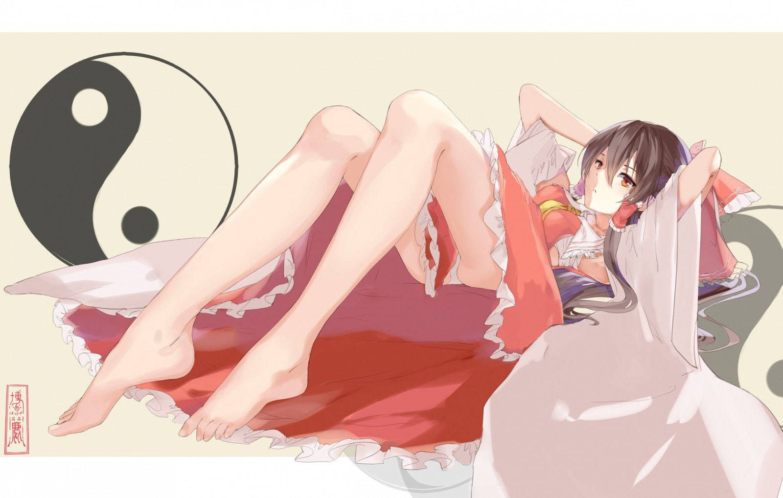 ilustrace, anime, anime dívky, Touhou, kreslená pohádka, černé vlasy, pusa, Hakurei Reimu, Jin a jang, Miko, mangaka