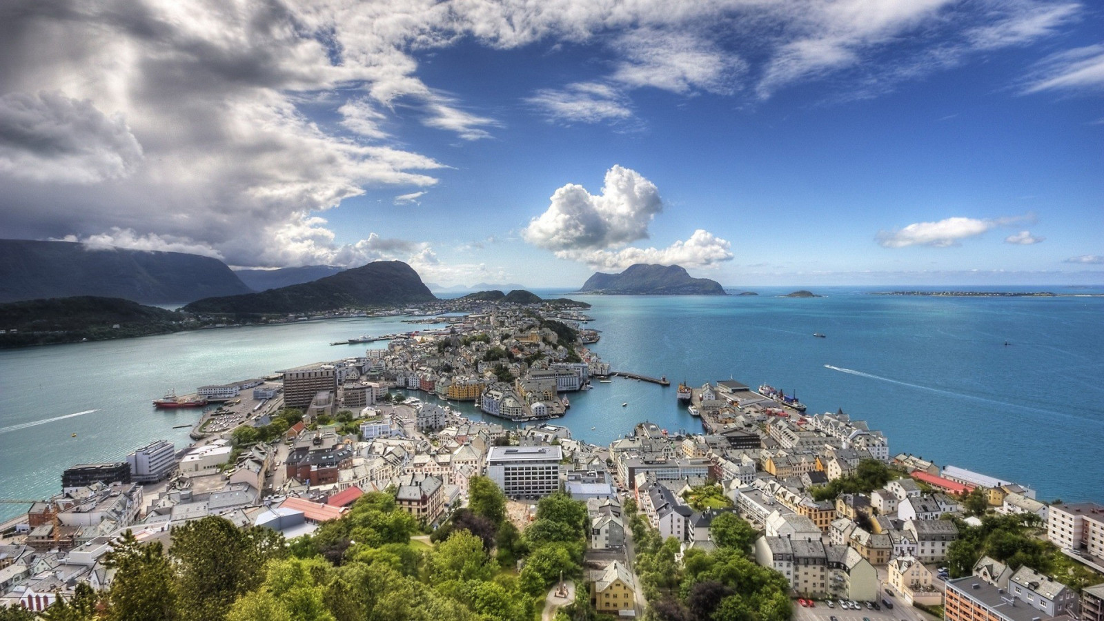 meri, kaupunki, lahti, ranta, siluetti, Norja, torni, rannikko, rantakallio, horisontti, panoraama, vuono, viitta, Karibian, Alesund, maasto, valtameri, landform, maantieteellistä kohdetta, ilmakuvia