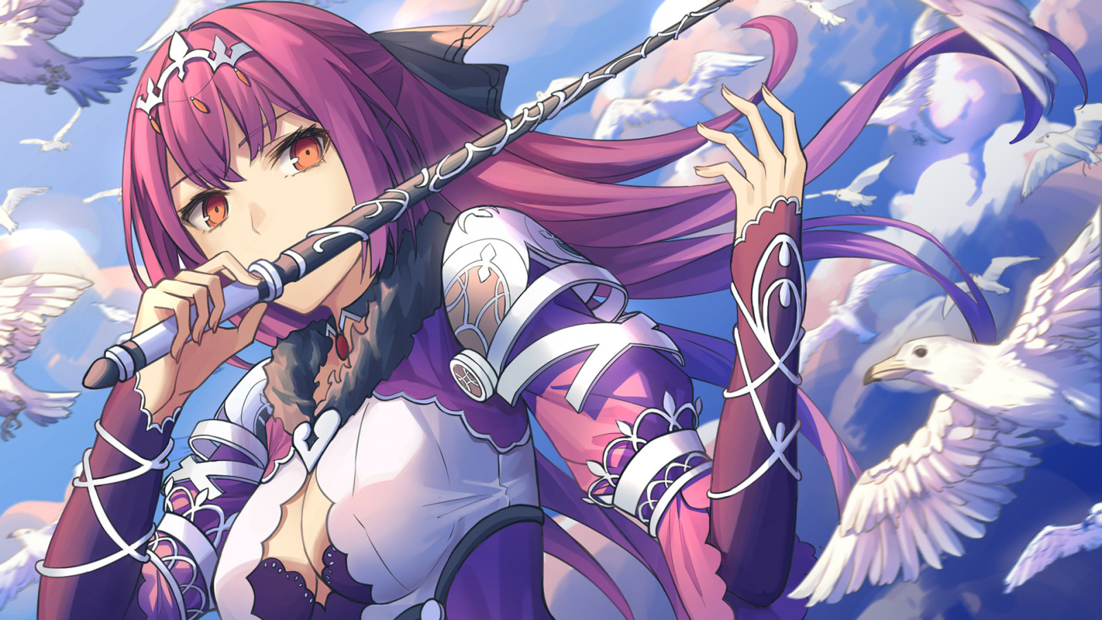 capelli lunghi, uccelli, occhi rossi, sfaldamento, guanti, nuvole, capelli viola, bacchetta magica