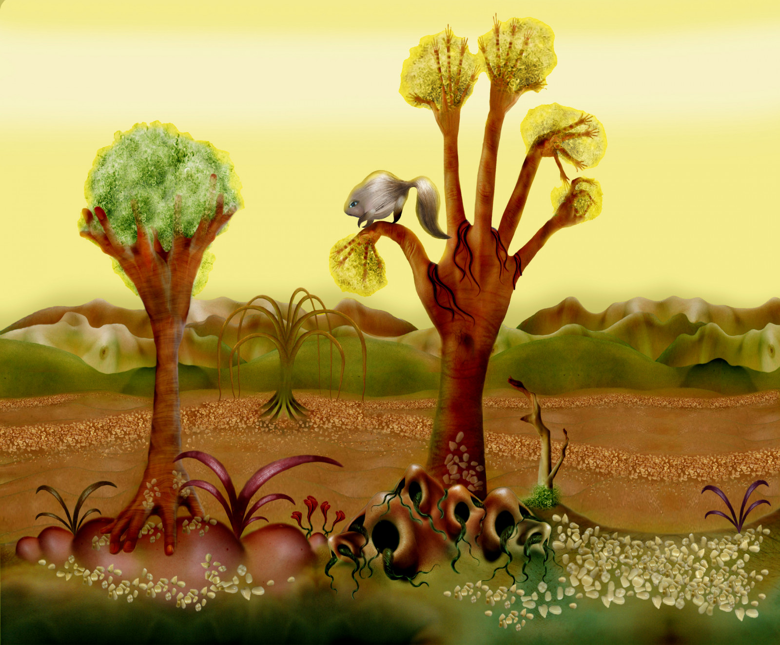 træer, hænder, Magick, tænder, alien, manipulation, ulige, fantasi, planet, kropsdele, utopi, lowbrow, dreamscape, bodyscapes, strangeworld, peeweegonzoid, weirdlandscape, followtheyellowteethroad