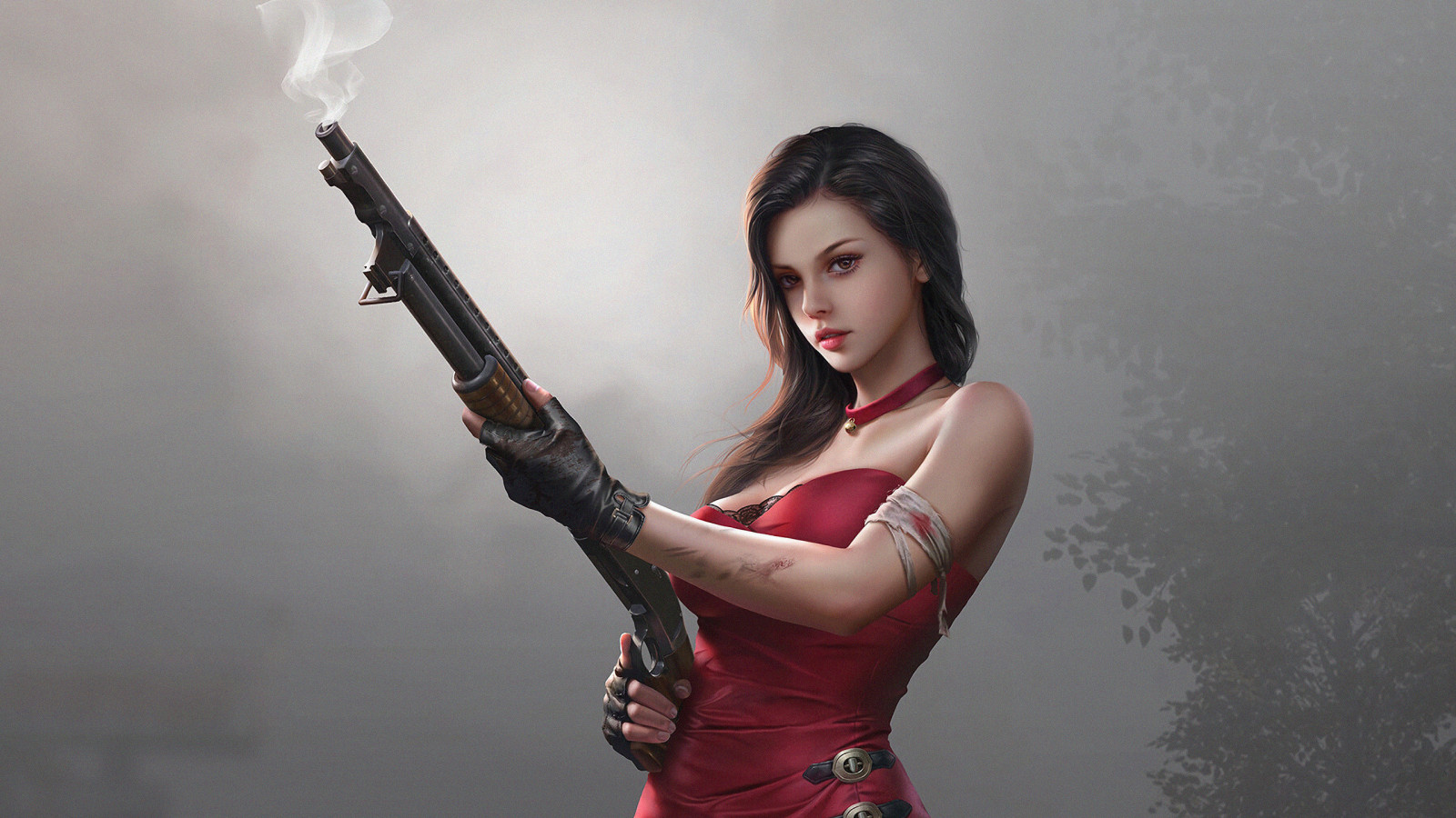 fantasy girl, gun, red dress, 4k