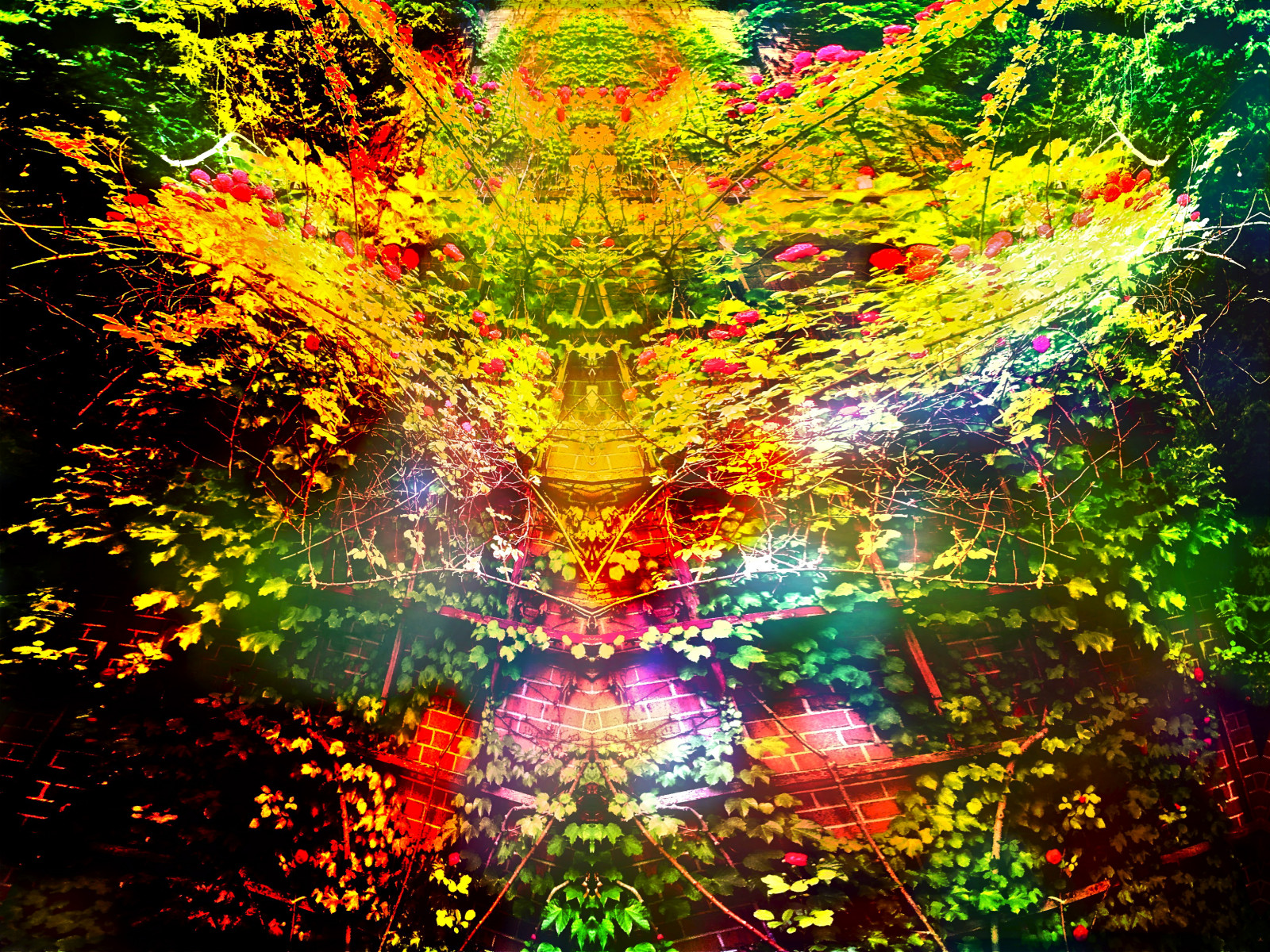Skov, blomster, natur, mursten, afdeling, symmetri, gul, mønster, verden, KUNST, træ, blad, roser, grene, billedmanipulation, grafik, abstraktion, computer tapet, fraktale kunst, specielle effekter, psykedelisk kunst, organisme, templer, abstractionfromlife, rosetrellis, sunstructures
