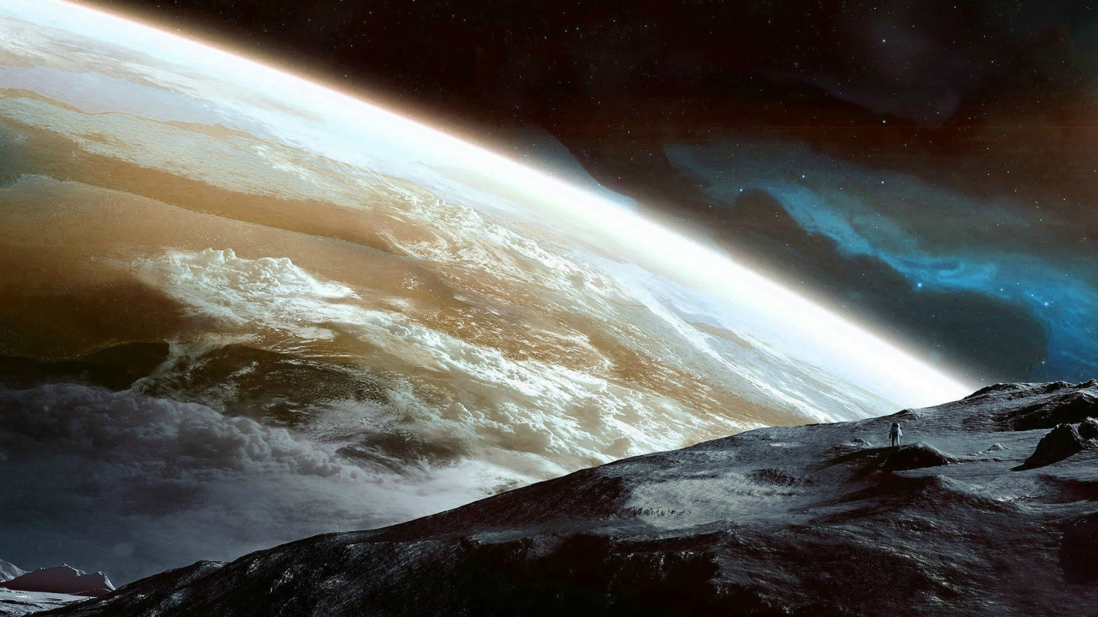 digitální umění, planeta, prostor, hvězdy, Země, space art, Měsíc, astronaut, atmosféra, Snímek obrazovky, vesmír, astronomický objekt, geologický fenomén, mořská vlna