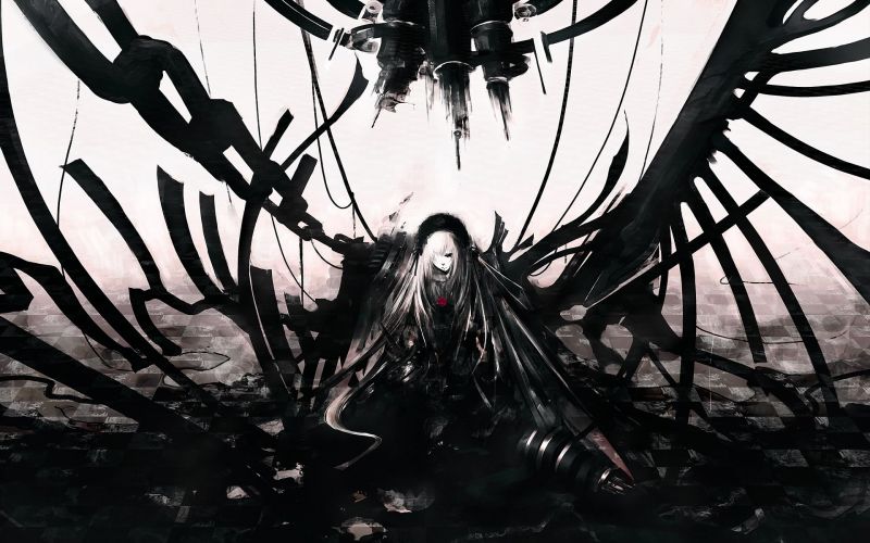 ilustrace, černobílý, anime, anime dívky, symetrie, mytologie ilustrace, černobílý, anime, anime dívky, symetrie, mytologie