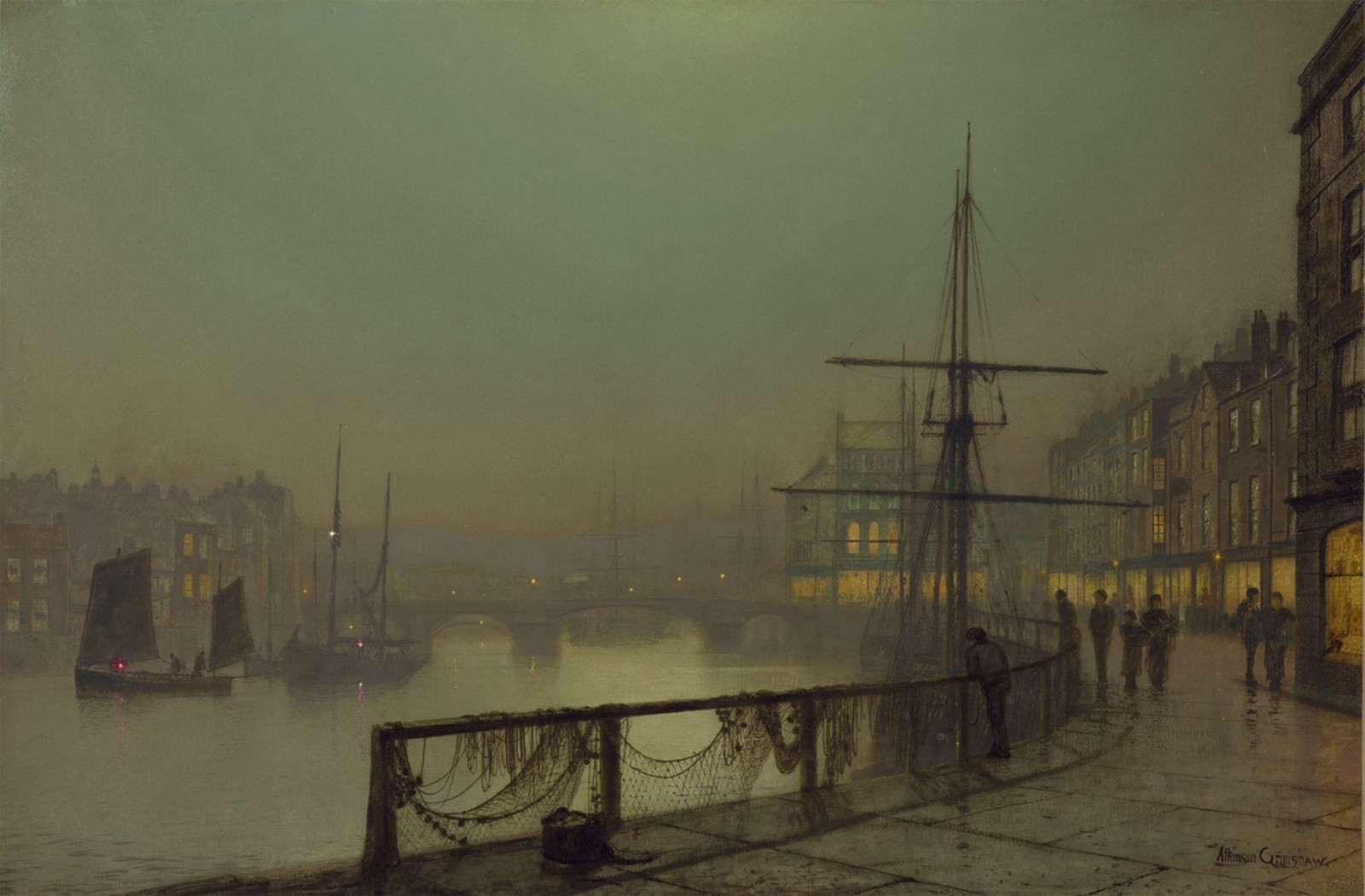 malování, John Atkinson Grimshaw, loď, moře, panoráma města, vozidlo, porty, večer, ráno, mlha, classic art, opar, mlha, počasí, atmosférický jev, vodní