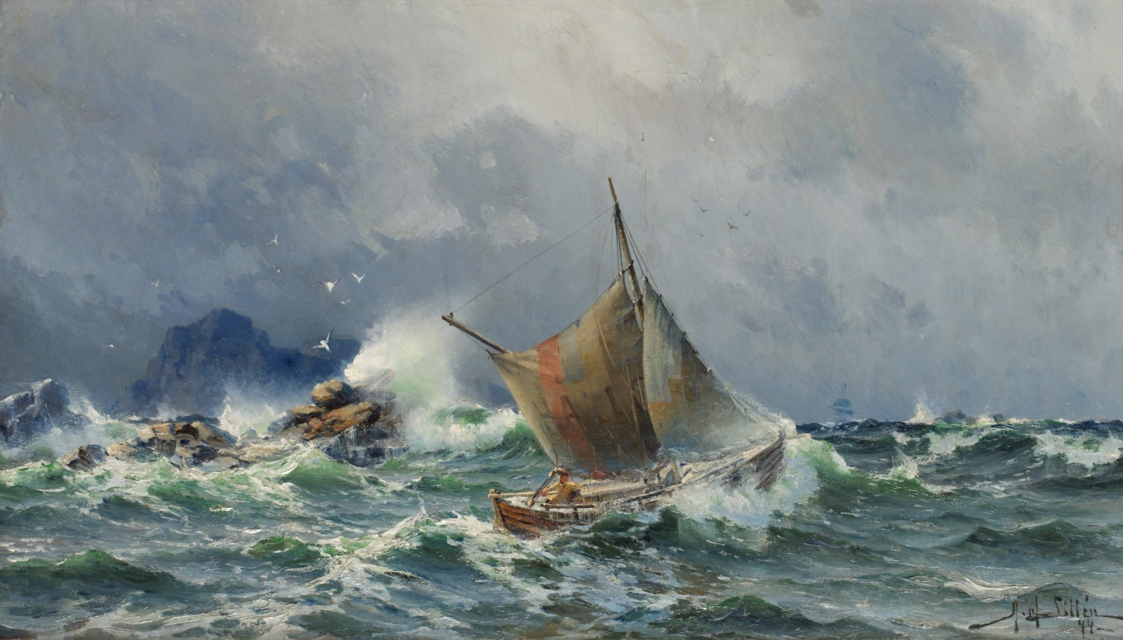 Herman Gustav Sillen, opera d'arte, la pittura, arte classica, mare, barca, veicolo, tempesta, onde
