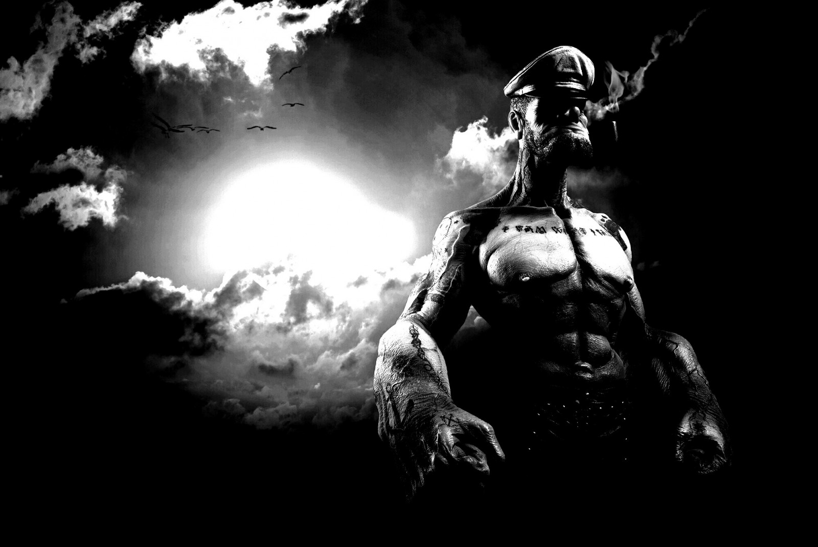 Popeye, černobílý, kouř, bez trička, tma, Snímek obrazovky, počítač tapeta, Černý a bílý, monochromatické fotografování