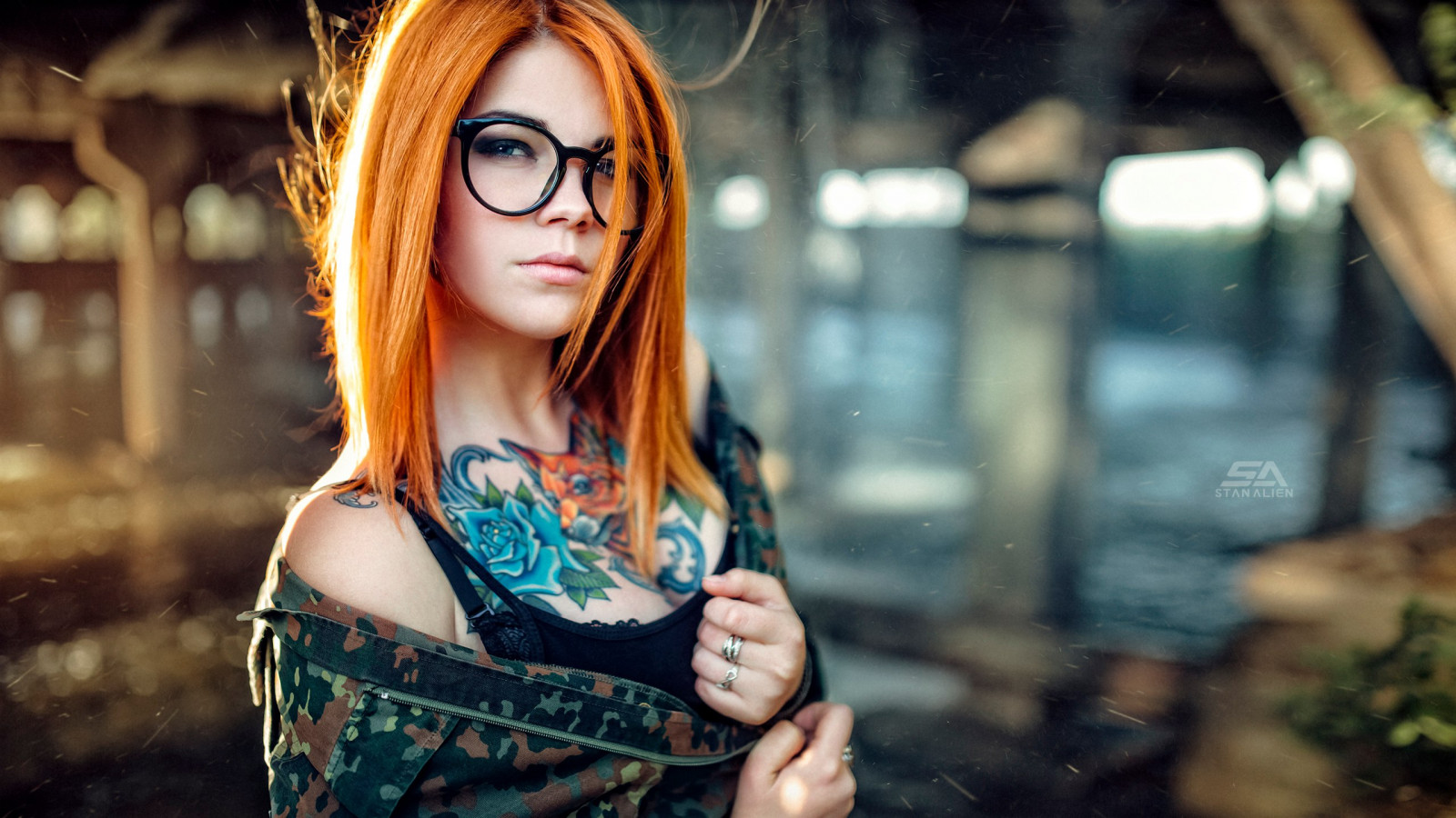 Wallpaper : Mariya Fox, redhead, tattoo, women with glasses, depth of