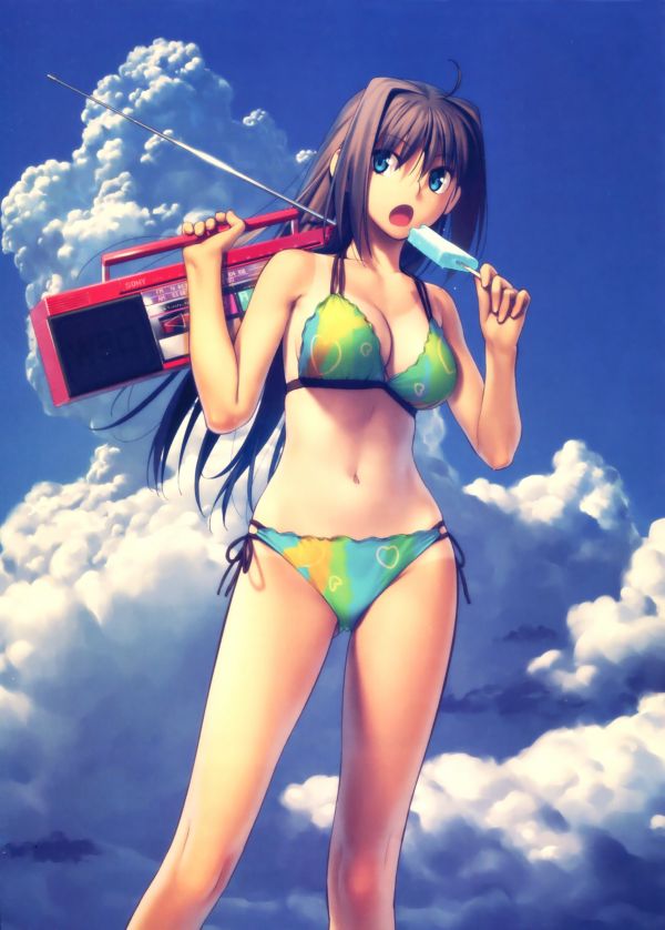anime,anime girls,clouds,cartoon,black hair,bikini