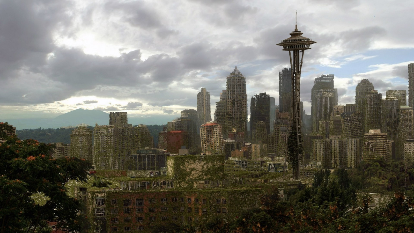 digitale kunst, stad, stadsgezicht, apocalyptische, ruïneren, hemel, futuristische, wolken, horizon, wolkenkrabber, avond, toren, horizon, schemer, metropolis, torenspits, boom, downtown, mijlpaal, 1920x1080 px, Stedelijk gebied, grootstedelijk gebied, menselijke nederzetting, woongebied, geografisch kenmerk, torenflat