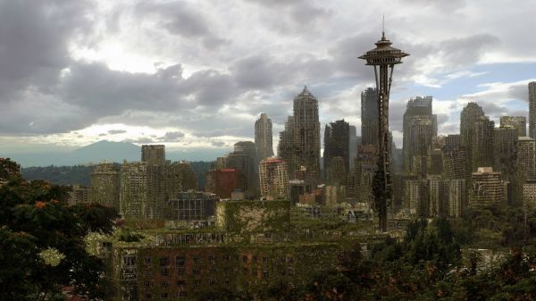 city, cityscape, sky, digital art, apocalyptic, ruin