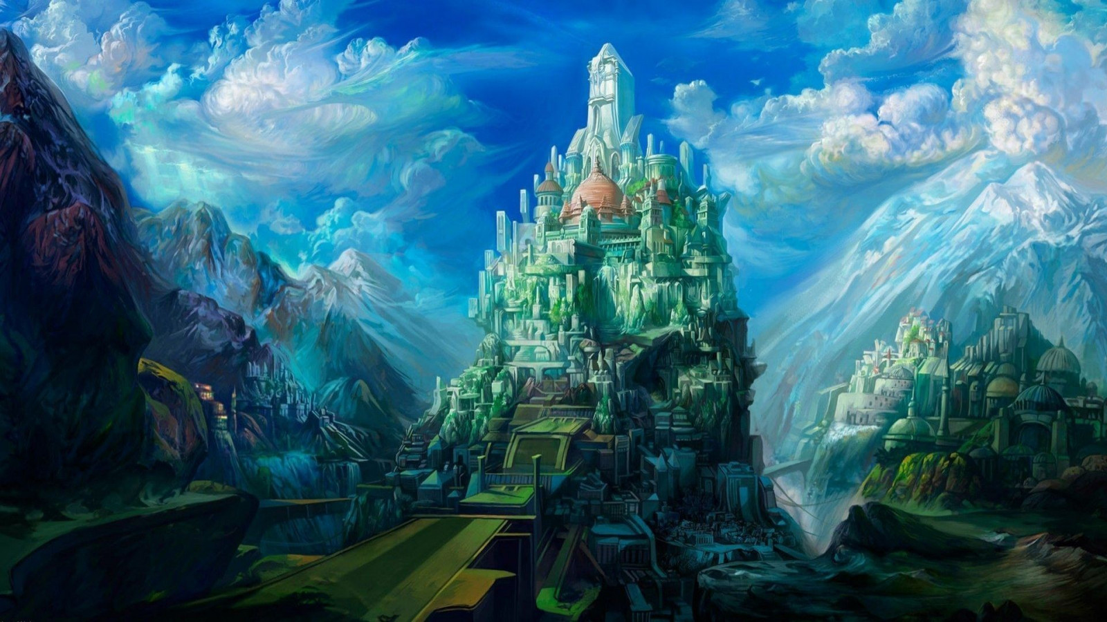 bergen, fantasy art, hemel, artwork, fantasie stad, kasteel, Terrein, screenshot, computer wallpaper