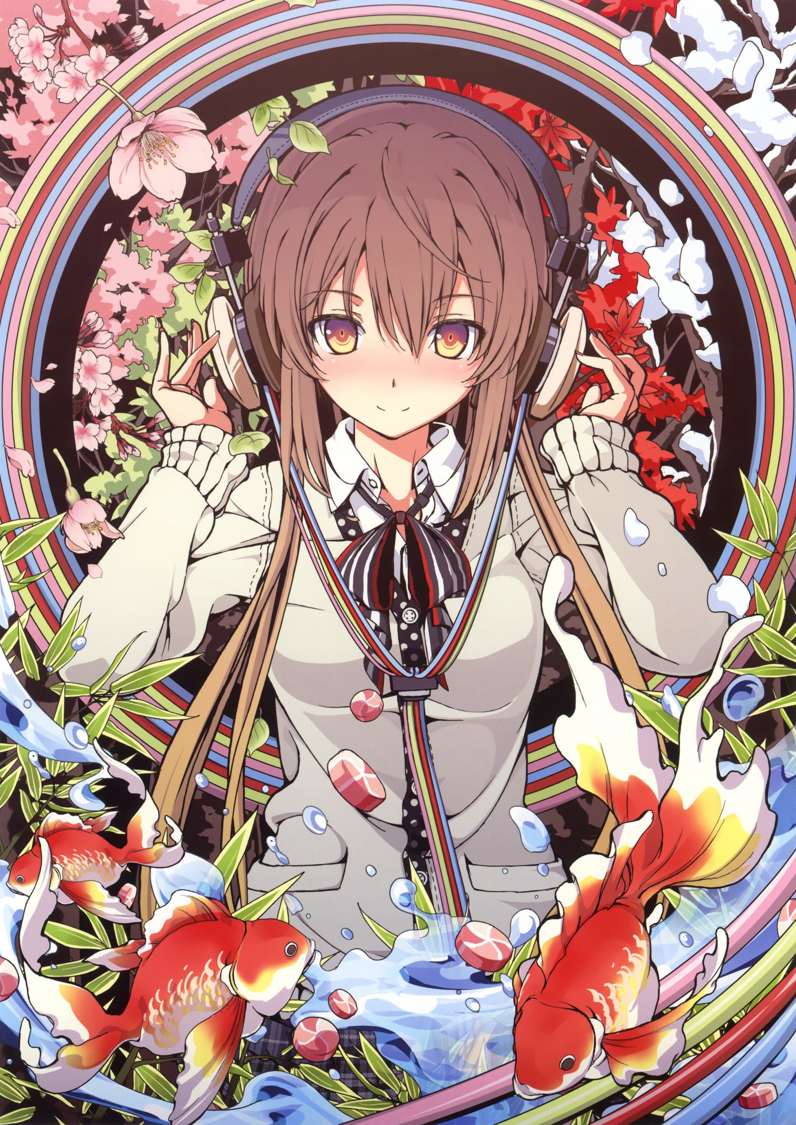 illustration, blomster, anime, brunette, fisk, manga, tegneserie, brune øjne, originale karakterer, hovedtelefoner, bånd, tegneserier, guldfisk, mangaka, tegneserier kunstner, tegneserie