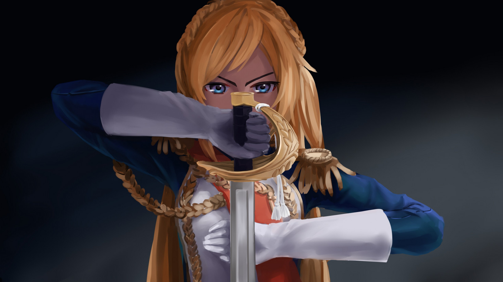 blond, langt hår, anime, Anime piger, blå øjne, våben, blå, sværd, Legetøj, kostume, skærmbillede, figur, Action figur